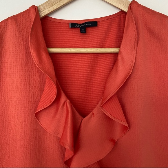 ANNE KLEIN ORANGE SLEEVELESS TOP/BLOUSE WITH RUFFLE NECKLINE, SILKY FABRIC, MED - Picture 3 of 8